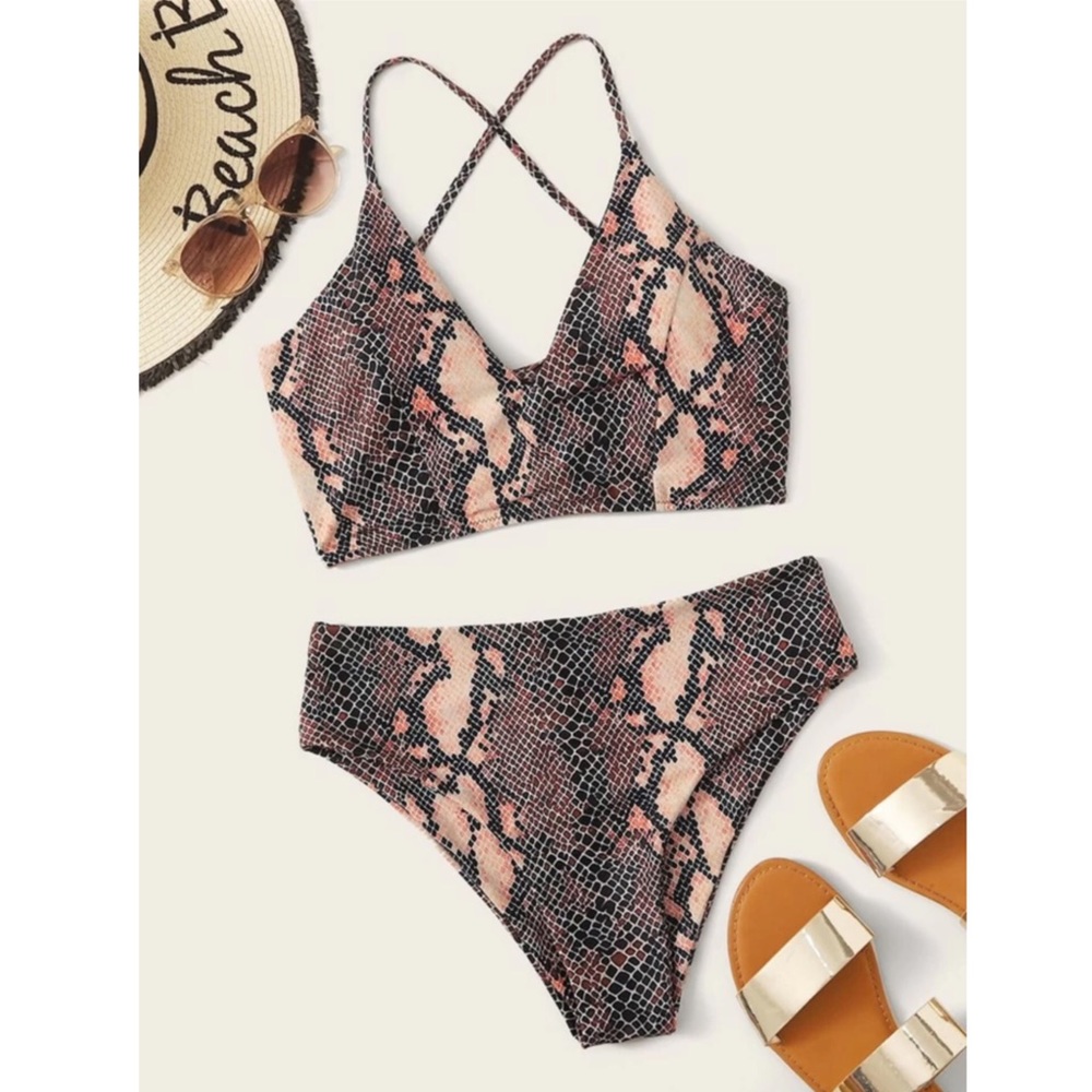 SHEIN Orange & Black Snakeskin High Waisted Bikini